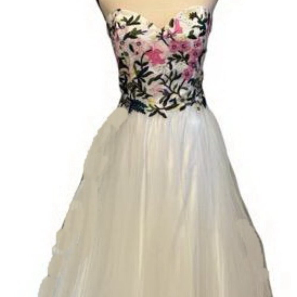Cecily Brown White Tulle Embroidered Floral Strapless Corset Dress
